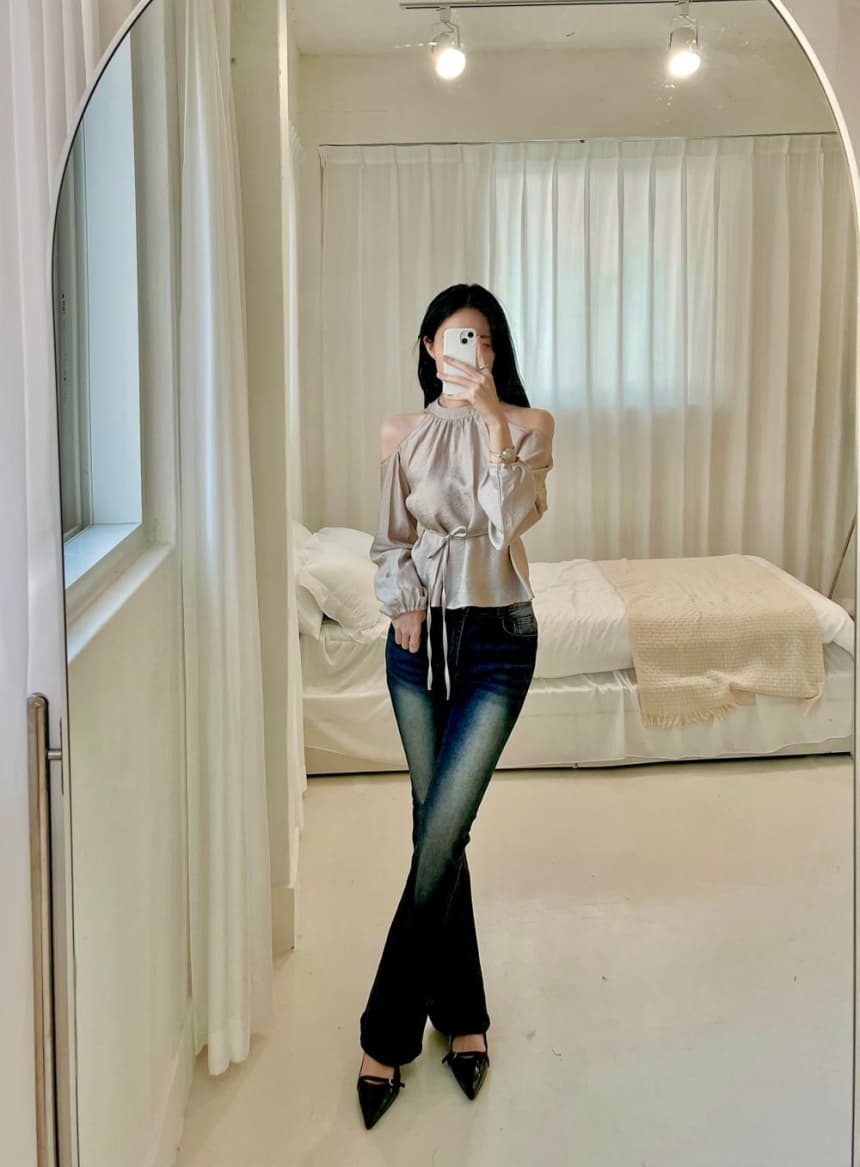 재고 있음 cherry 부드러운 달콤함 행침 목 오프숄더 디자인 센스 측면 스트랩 허리 수축 마이크로 ~을 통해 외국 가스 긴팔 셔츠 상세 이미지 16