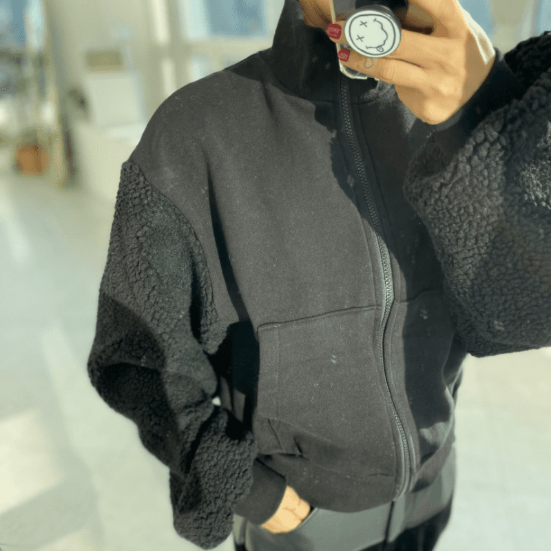 재고 있음 cherry 아메리칸 디자인 센스 양털 패치워크 두꺼운 보온 지퍼 편안함 운동 후드티 재킷 이미지 4