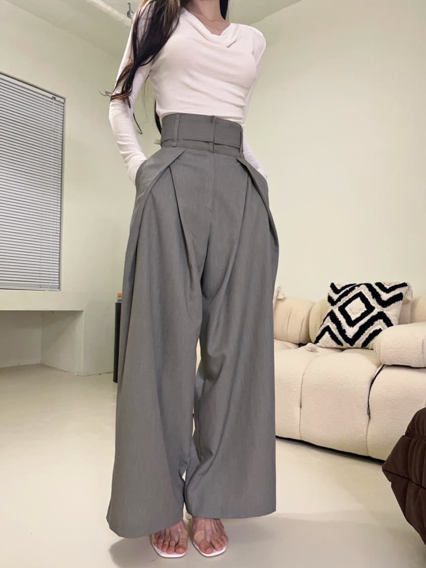 재고 있음 cherry 작은 대중 디자인 센스 중복 3 차원 허리 슬림해 보이는 넓은 다리 도루 센스 하이웨이스트 슬랙스 캐주얼 긴 바지 상세 이미지 2