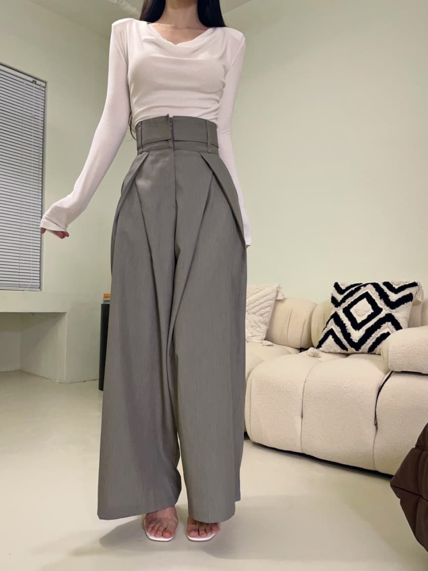 재고 있음 cherry 작은 대중 디자인 센스 중복 3 차원 허리 슬림해 보이는 넓은 다리 도루 센스 하이웨이스트 슬랙스 캐주얼 긴 바지 상세 이미지 3