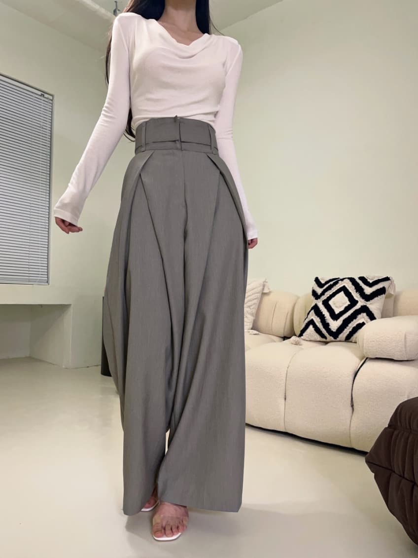 재고 있음 cherry 작은 대중 디자인 센스 중복 3 차원 허리 슬림해 보이는 넓은 다리 도루 센스 하이웨이스트 슬랙스 캐주얼 긴 바지 상세 이미지 10