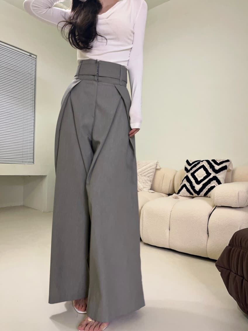 재고 있음 cherry 작은 대중 디자인 센스 중복 3 차원 허리 슬림해 보이는 넓은 다리 도루 센스 하이웨이스트 슬랙스 캐주얼 긴 바지 상세 이미지 15