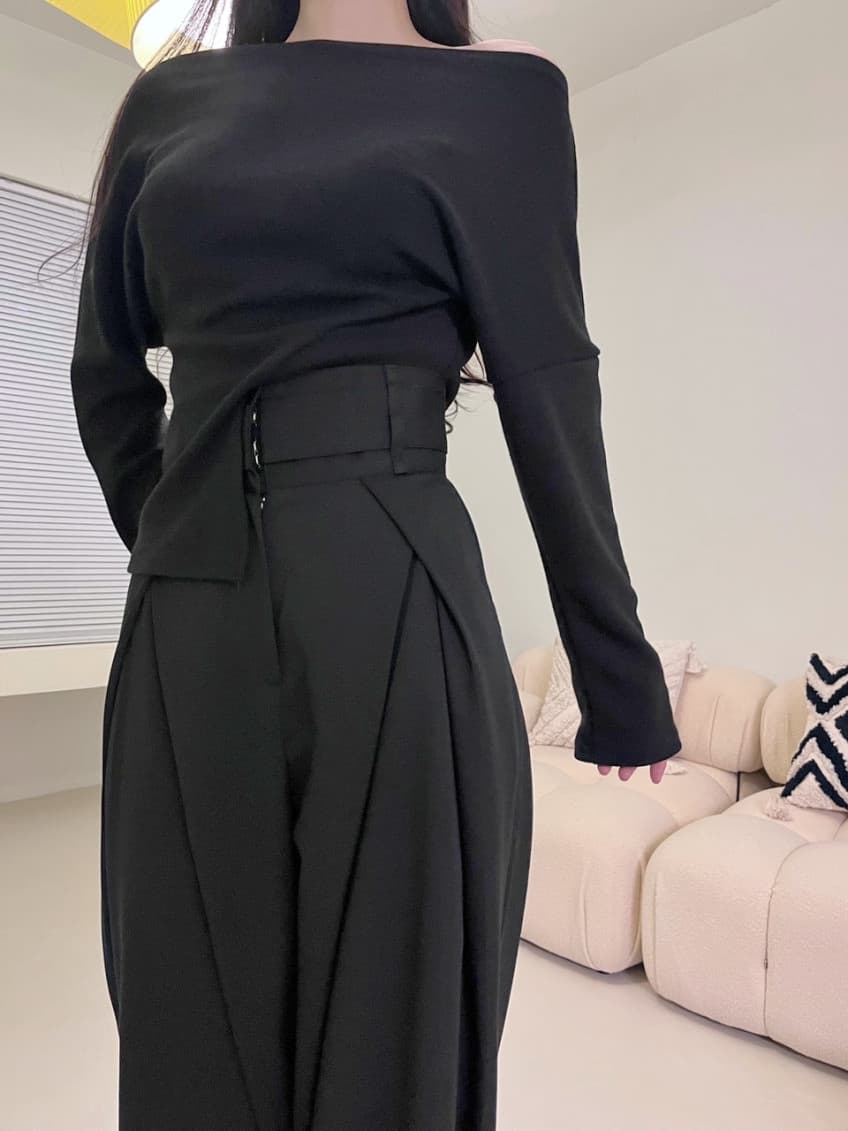 재고 있음 cherry 작은 대중 디자인 센스 중복 3 차원 허리 슬림해 보이는 넓은 다리 도루 센스 하이웨이스트 슬랙스 캐주얼 긴 바지 상세 이미지 31