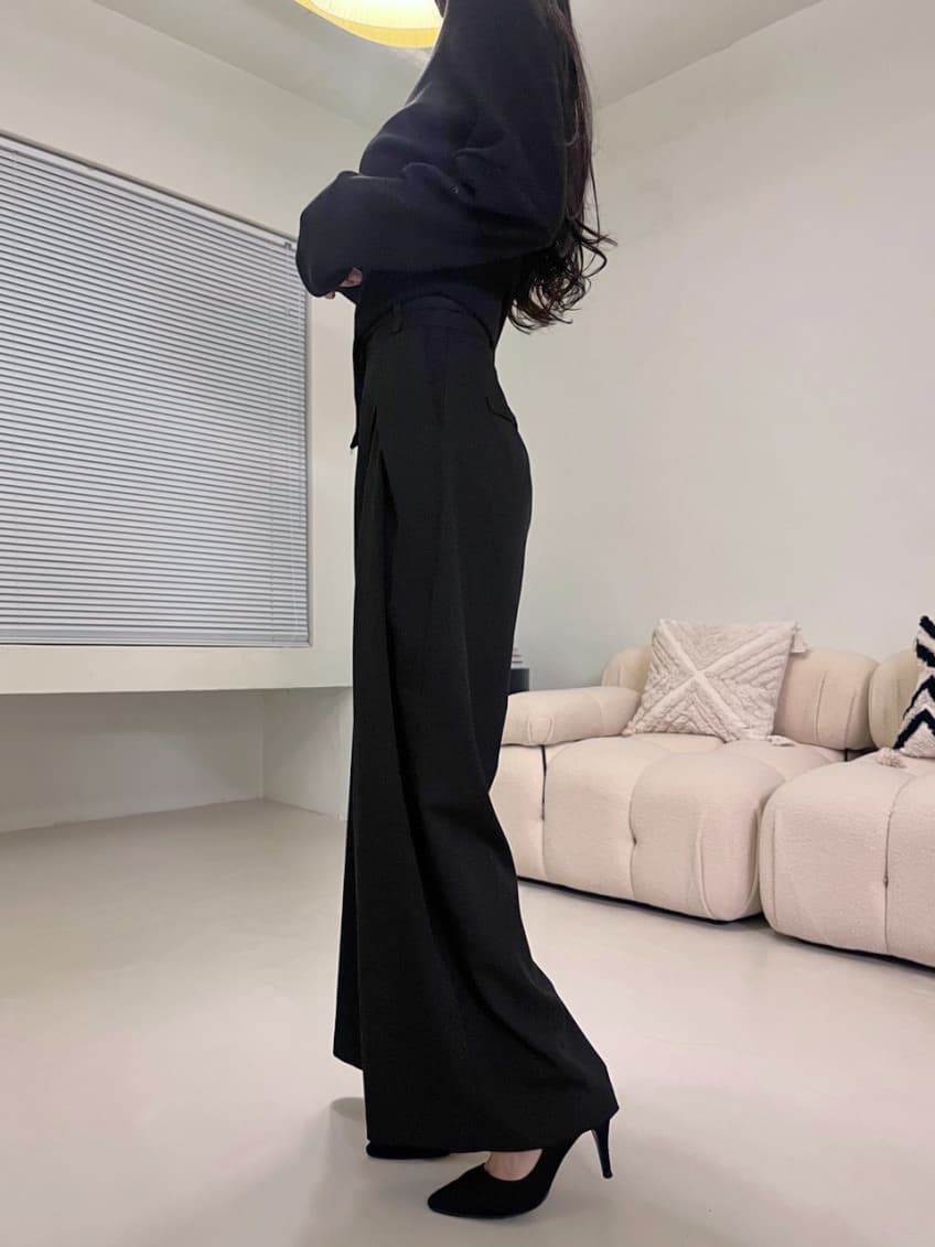 재고 있음 cherry 작은 대중 디자인 센스 중복 3 차원 허리 슬림해 보이는 넓은 다리 도루 센스 하이웨이스트 슬랙스 캐주얼 긴 바지 상세 이미지 34