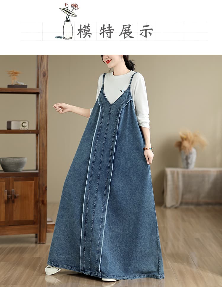느슨함 센스 착용 가져 가라. 데님 슬립 드레스 프랑스식 레트로 느긋한 휴가 롱 스커트 여성 V넥 데님 드레스 상세 이미지 6