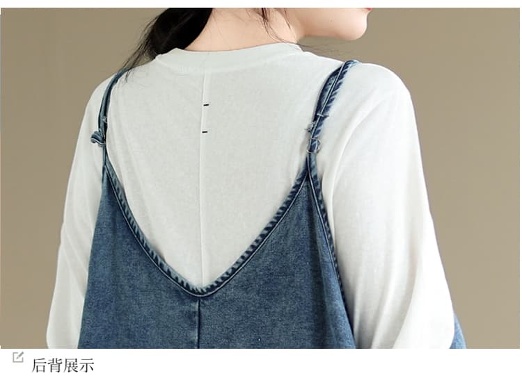 느슨함 센스 착용 가져 가라. 데님 슬립 드레스 프랑스식 레트로 느긋한 휴가 롱 스커트 여성 V넥 데님 드레스 상세 이미지 14