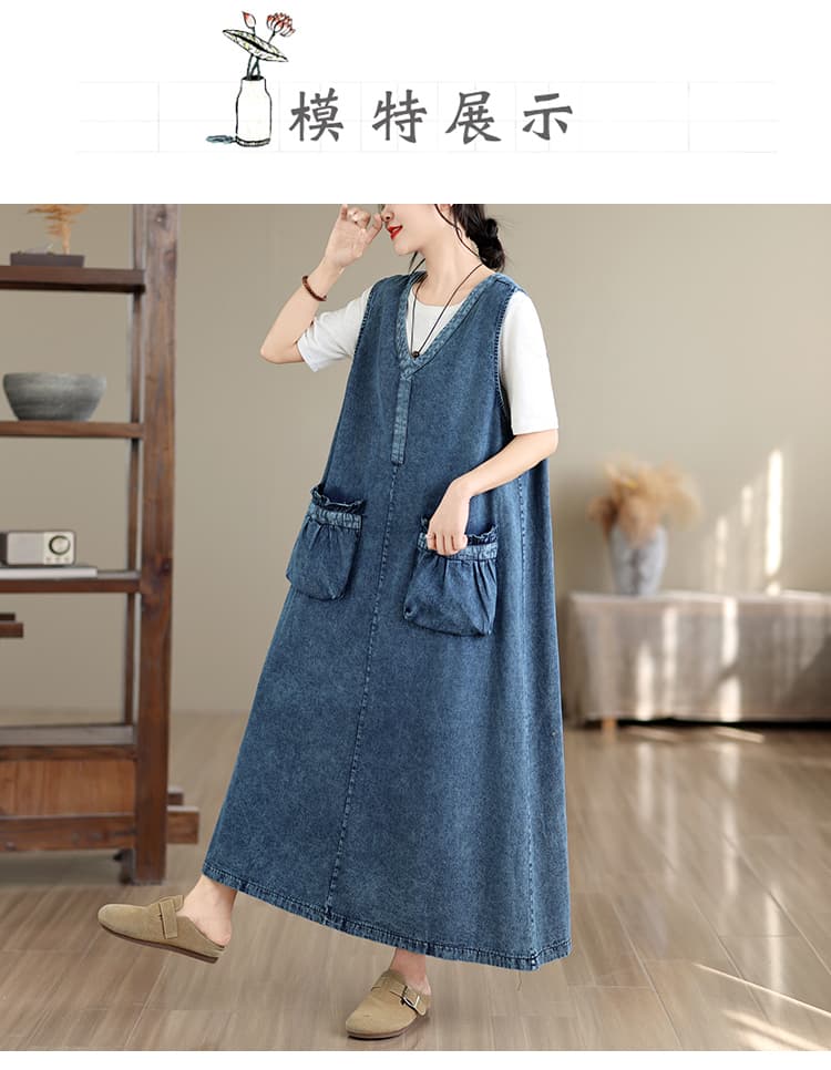 문예 빅 사이즈 루즈핏 한국 스타일 롱 코트 데님 조끼 스커트 루즈핏 데님 베스트 여성 드레스 상세 이미지 6