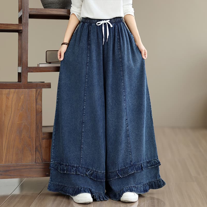 빅 사이즈 청바지 여성 여름 가을 루즈핏 와이드 레그 팬츠 프릴 도루 가을 센스 캐주얼 바지 레트로 워싱 데님 치마바지 이미지 3