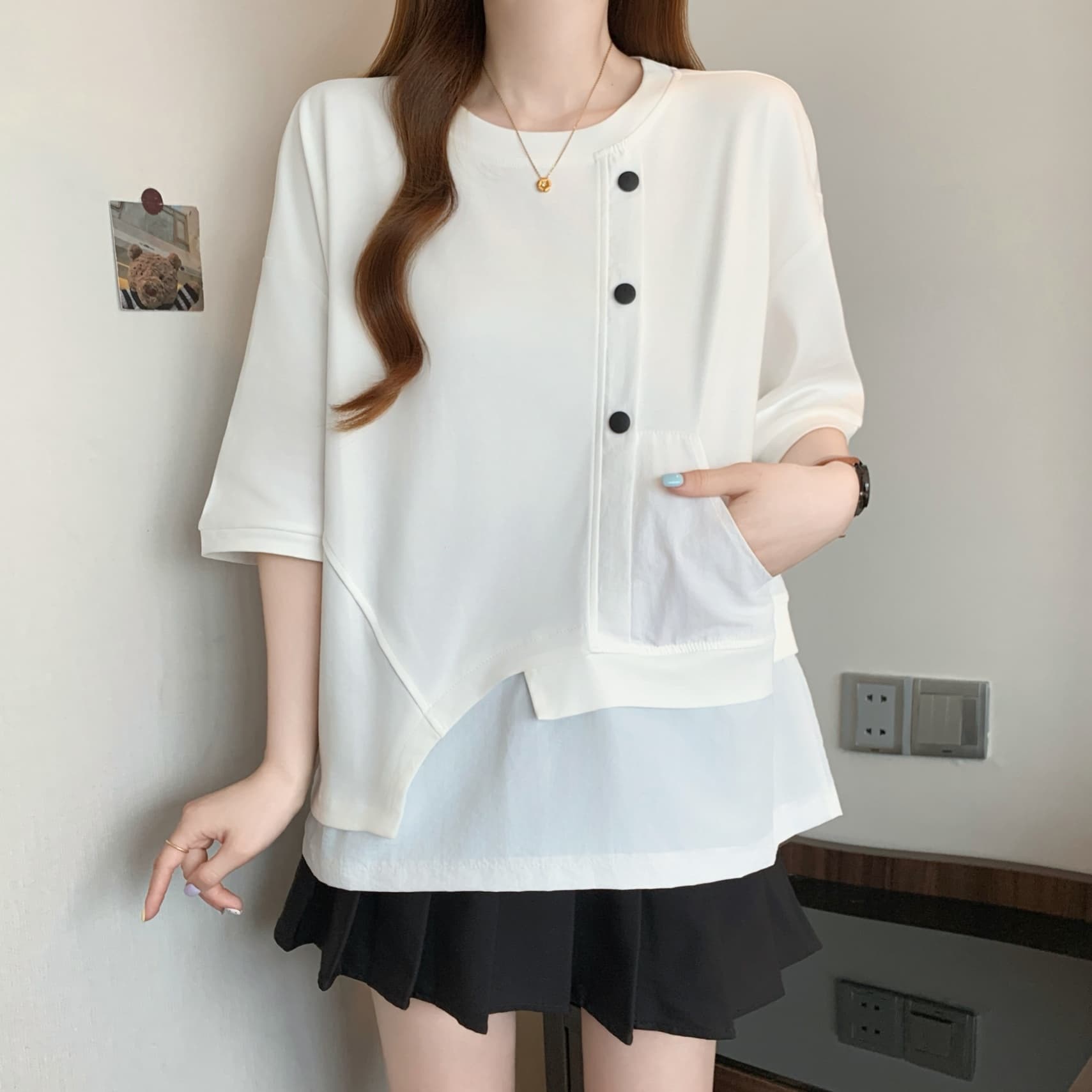 실사 페이크 레이어드 반팔 티셔츠 여성 2026 새로운 여름 빅 사이즈 지방 mm 슬림해 보이는 표지 배 루즈핏 맨위 상세 이미지 13