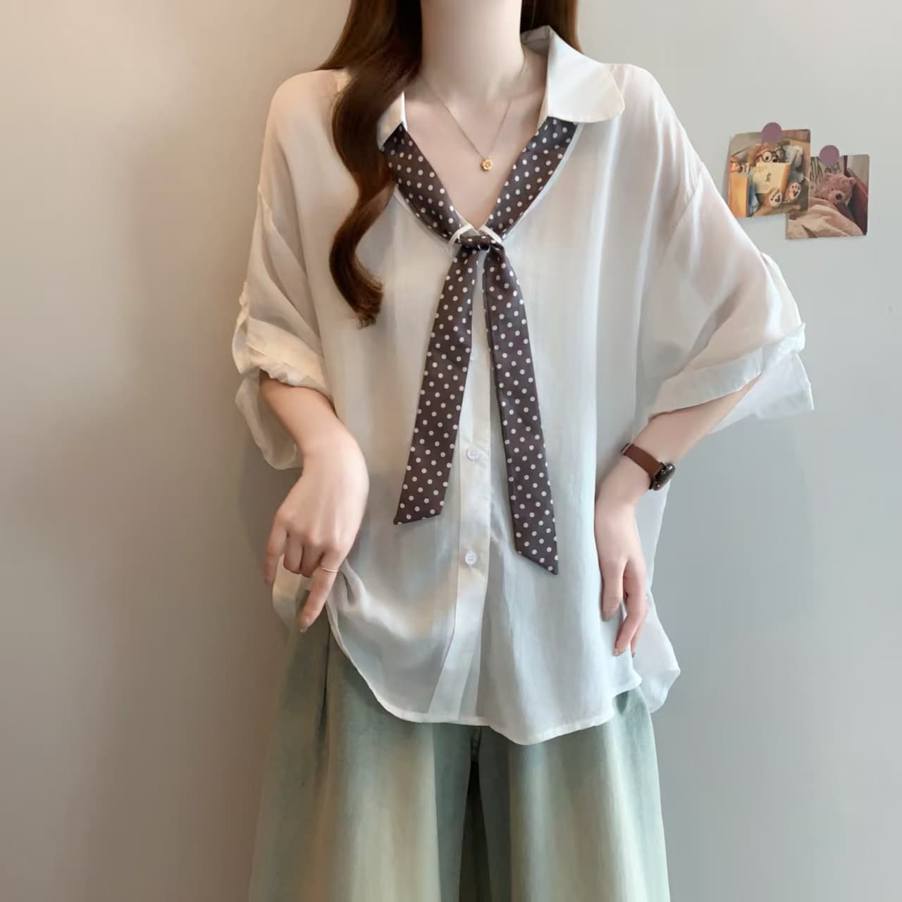 고급 센스 V넥 자외선 차단 반팔 여성 셔츠 여름 새로운 빅 사이즈 지방 mm 슬림해 보이는 표지 배 Chic 셔츠 맨위 이미지 4