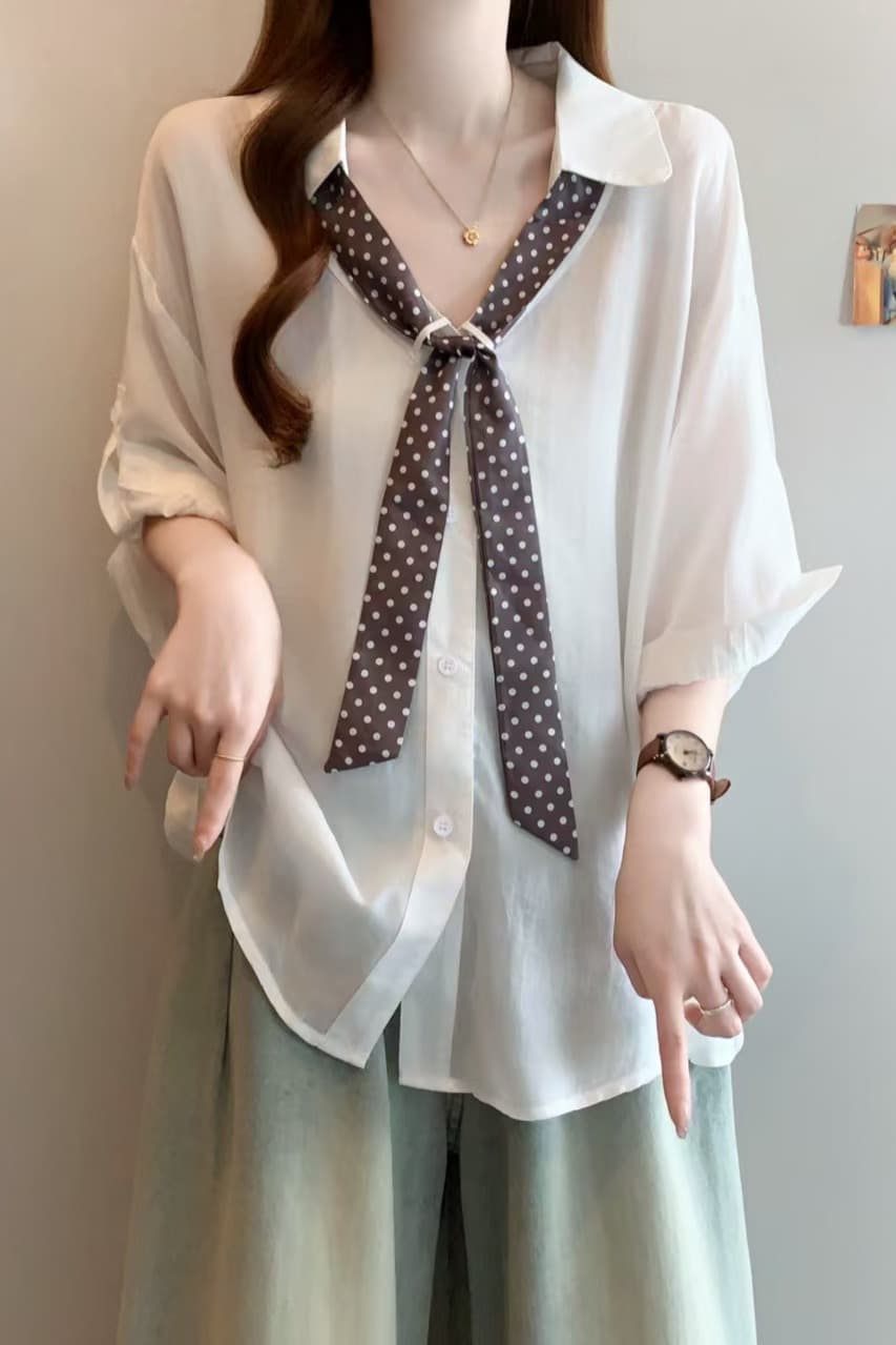 고급 센스 V넥 자외선 차단 반팔 여성 셔츠 여름 새로운 빅 사이즈 지방 mm 슬림해 보이는 표지 배 Chic 셔츠 맨위 이미지 7