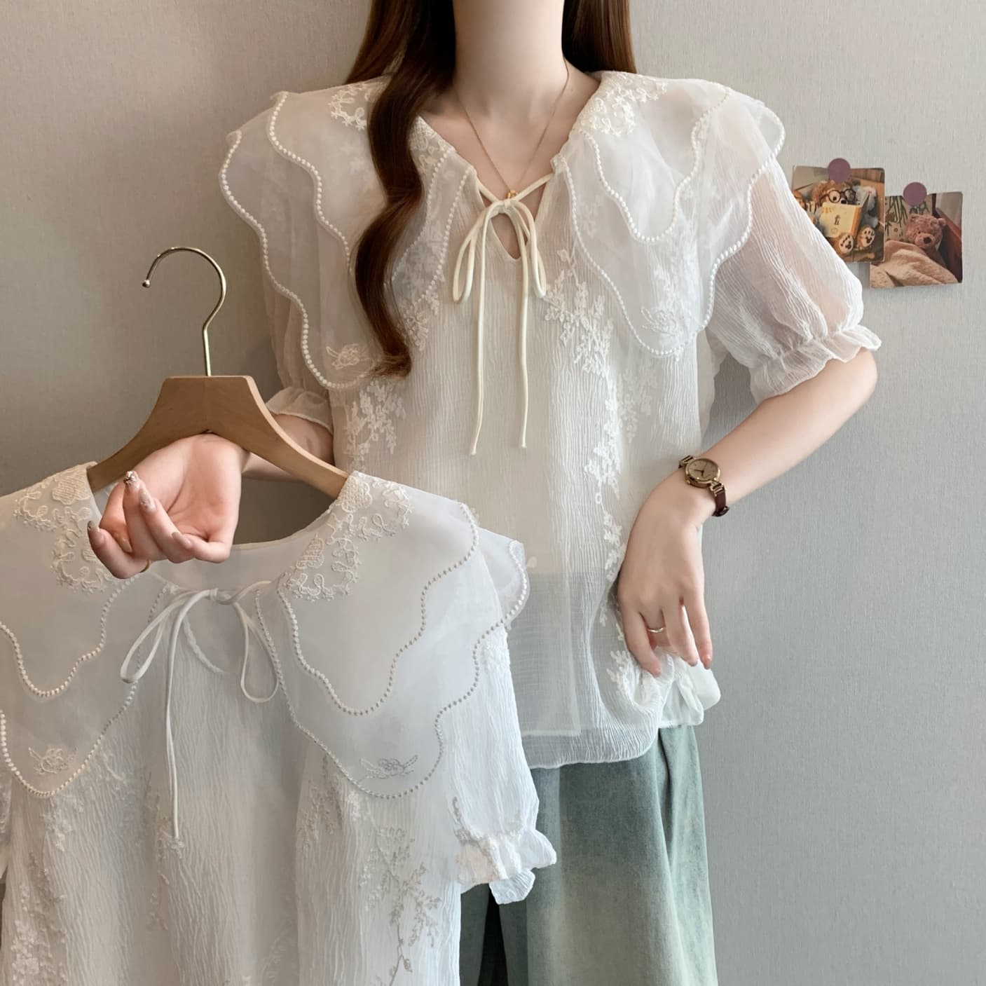 베이비 칼라 레이스 자수 시폰 셔츠 여성 2026 여름 새로운 빅 사이즈 지방 mm 아름다운 작은 셔츠 슈퍼 잘 생긴 맨위 이미지 2