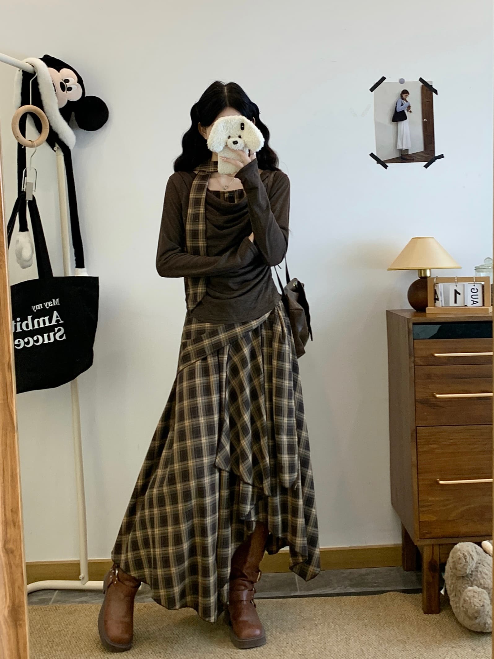 빅 사이즈 가을 새로운 디자인 센스 패션 체크무늬 리본 긴팔 맨위 불규칙 체크무늬 반신 치마 세트 이미지 2