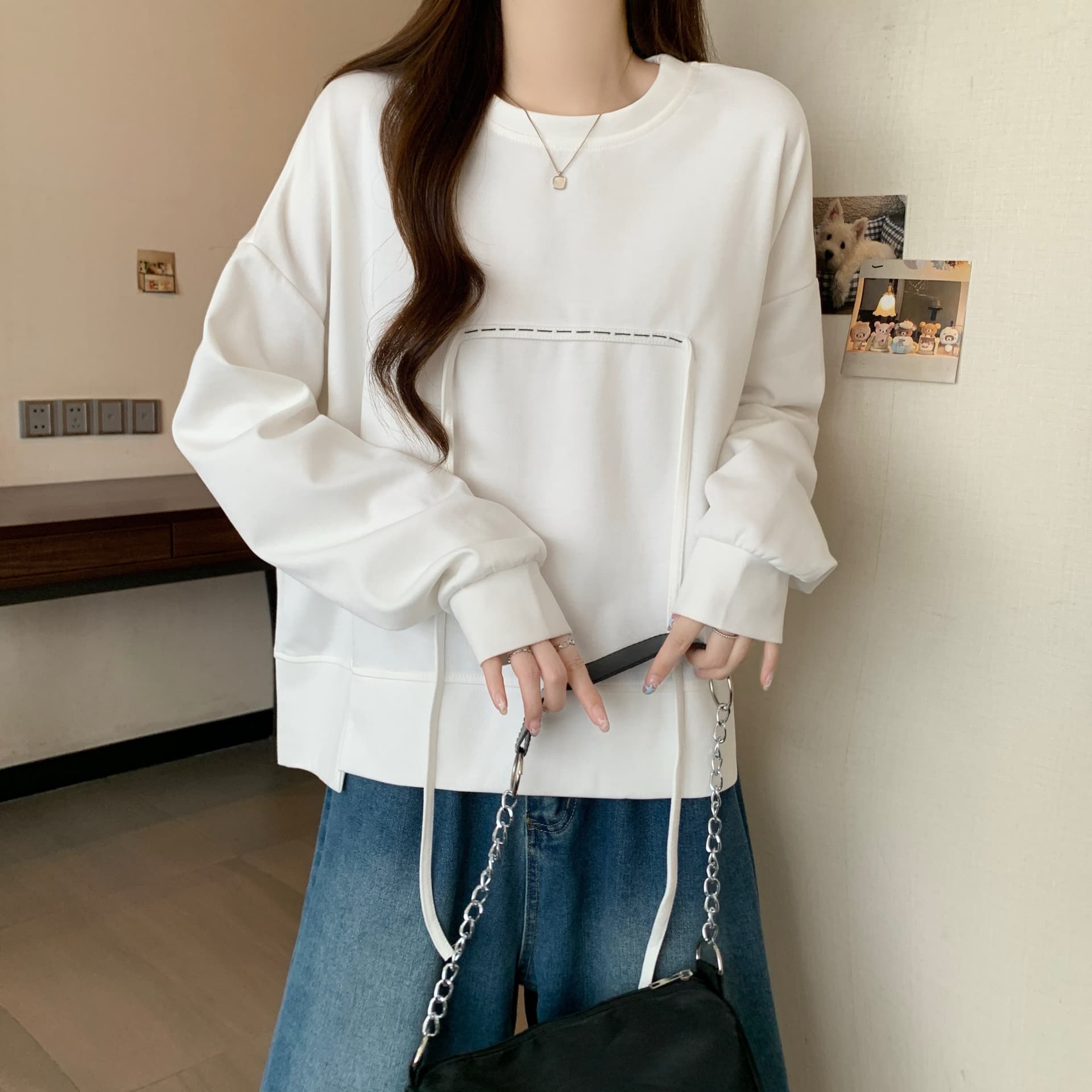 디자인 센스 검정색 긍정적 인 어깨 긴팔 후드티 여성 2025 가을 새로운 빅 사이즈 지방 mm 루즈핏 슬림해 보이는 불규칙 맨위 상세 이미지 13