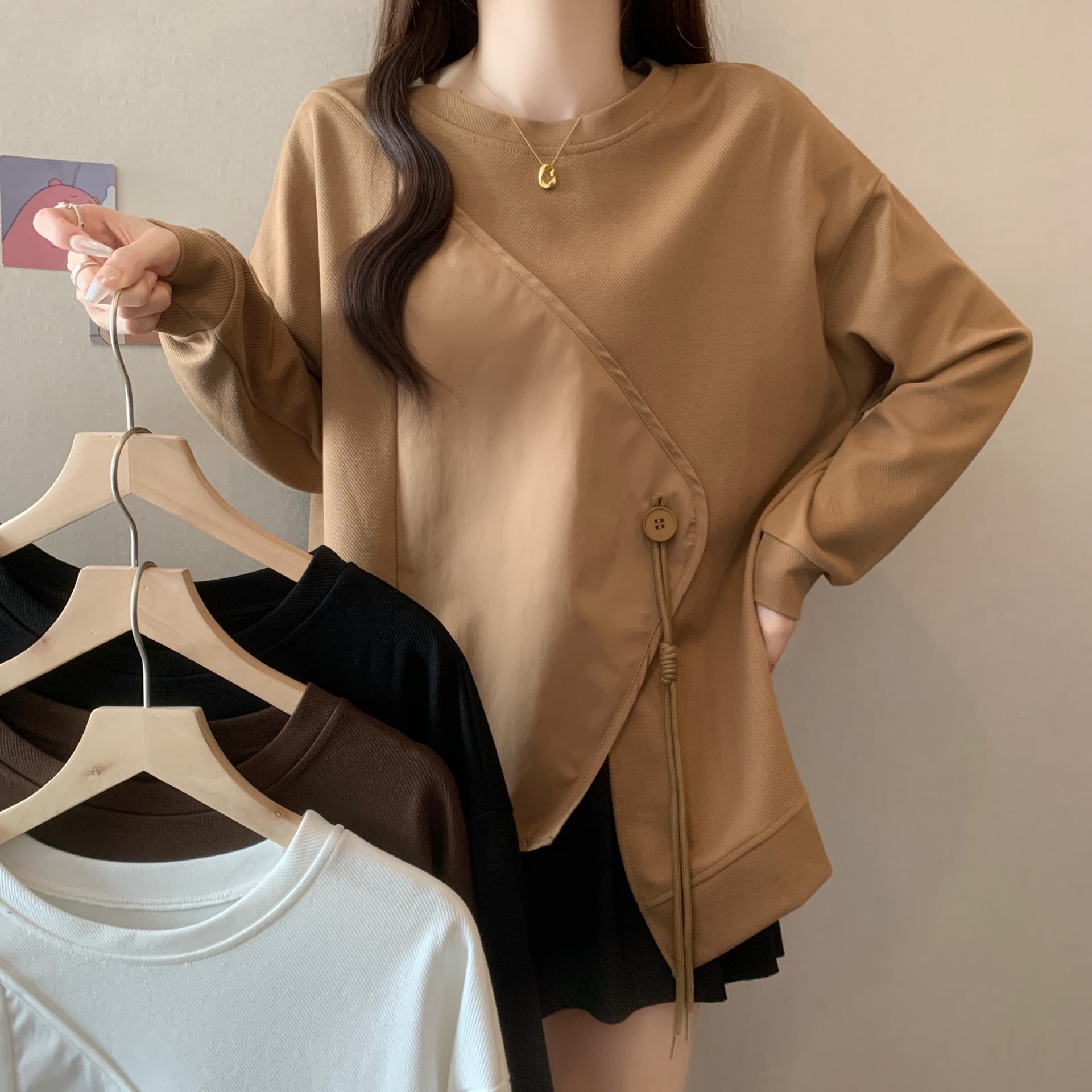 새로운 빅 사이즈 디자인 센스 패치워크 불규칙 후드티 여성 가을 겨울 지방 mm 루즈핏 표지 배 외국 가스 긴팔 후드티 이미지 5