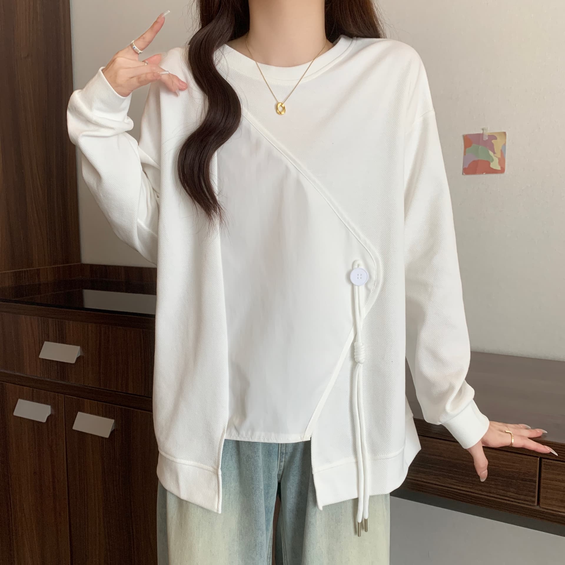 새로운 빅 사이즈 디자인 센스 패치워크 불규칙 후드티 여성 가을 겨울 지방 mm 루즈핏 표지 배 외국 가스 긴팔 후드티 상세 이미지 11
