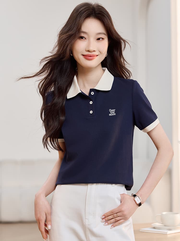 해군 POLO 칼라 긍정적 인 어깨 반팔 T 여성 2026 여름 드레스 새로운 캐주얼 다용도 레트로 맨위