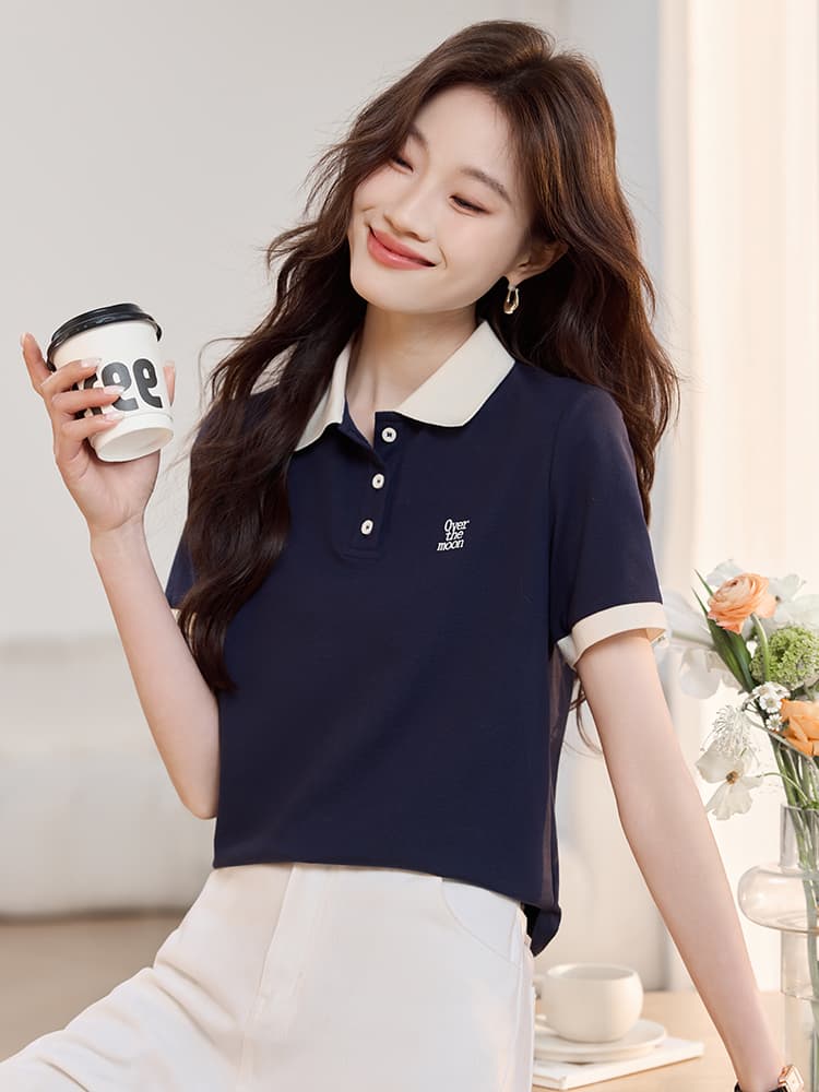해군 POLO 칼라 긍정적 인 어깨 반팔 T 여성 2026 여름 드레스 새로운 캐주얼 다용도 레트로 맨위 이미지 3