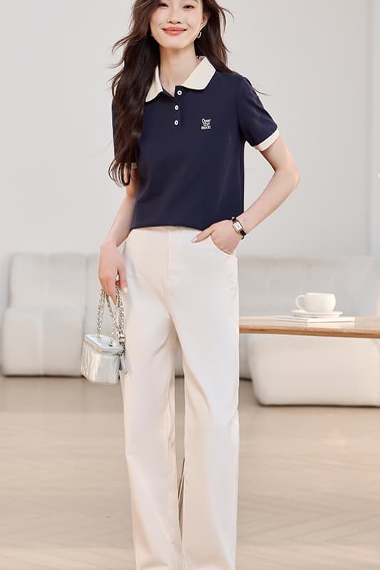 해군 POLO 칼라 긍정적 인 어깨 반팔 T 여성 2026 여름 드레스 새로운 캐주얼 다용도 레트로 맨위 이미지 5