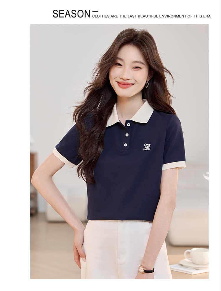 해군 POLO 칼라 긍정적 인 어깨 반팔 T 여성 2026 여름 드레스 새로운 캐주얼 다용도 레트로 맨위 상세 이미지 5