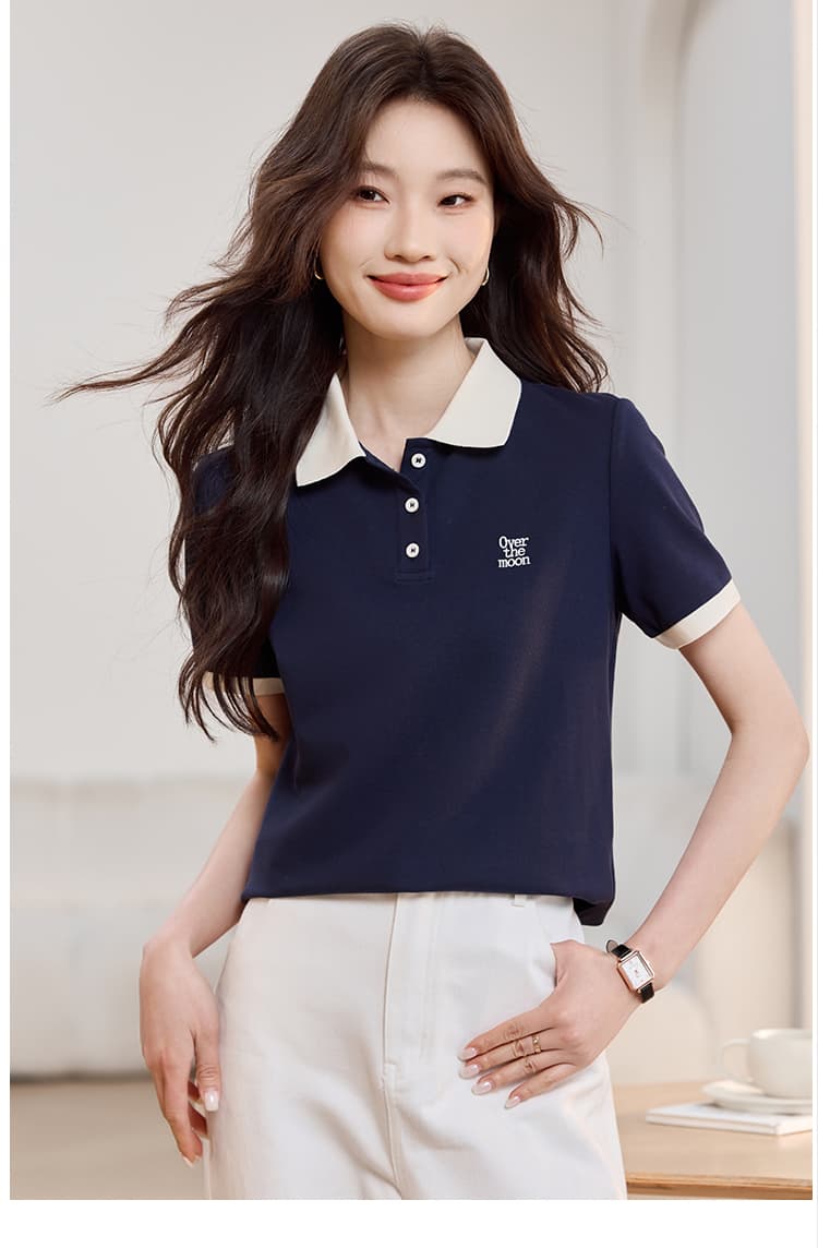 해군 POLO 칼라 긍정적 인 어깨 반팔 T 여성 2026 여름 드레스 새로운 캐주얼 다용도 레트로 맨위 상세 이미지 7