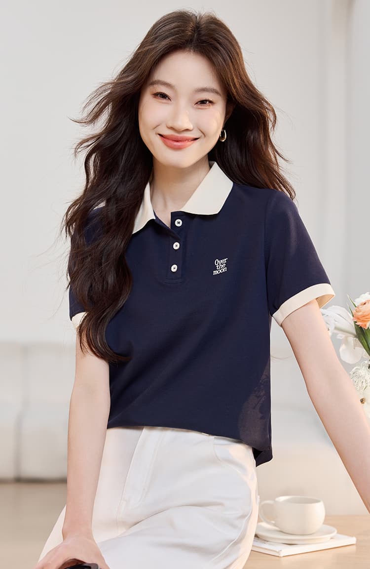 해군 POLO 칼라 긍정적 인 어깨 반팔 T 여성 2026 여름 드레스 새로운 캐주얼 다용도 레트로 맨위 상세 이미지 8