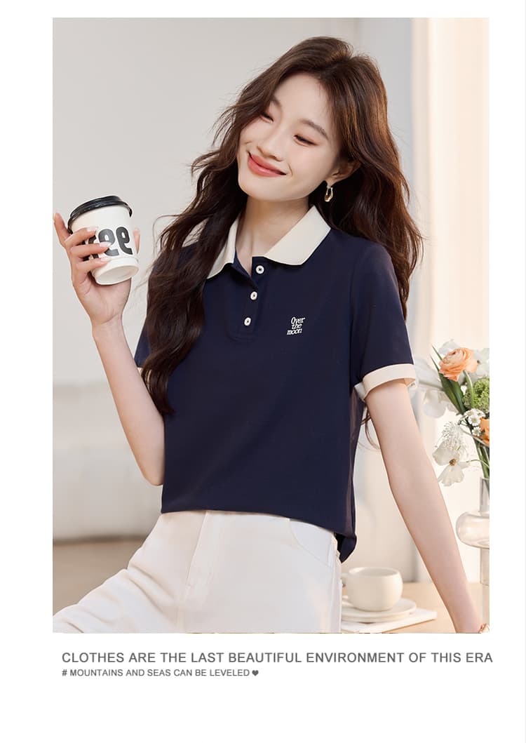 해군 POLO 칼라 긍정적 인 어깨 반팔 T 여성 2026 여름 드레스 새로운 캐주얼 다용도 레트로 맨위 상세 이미지 9