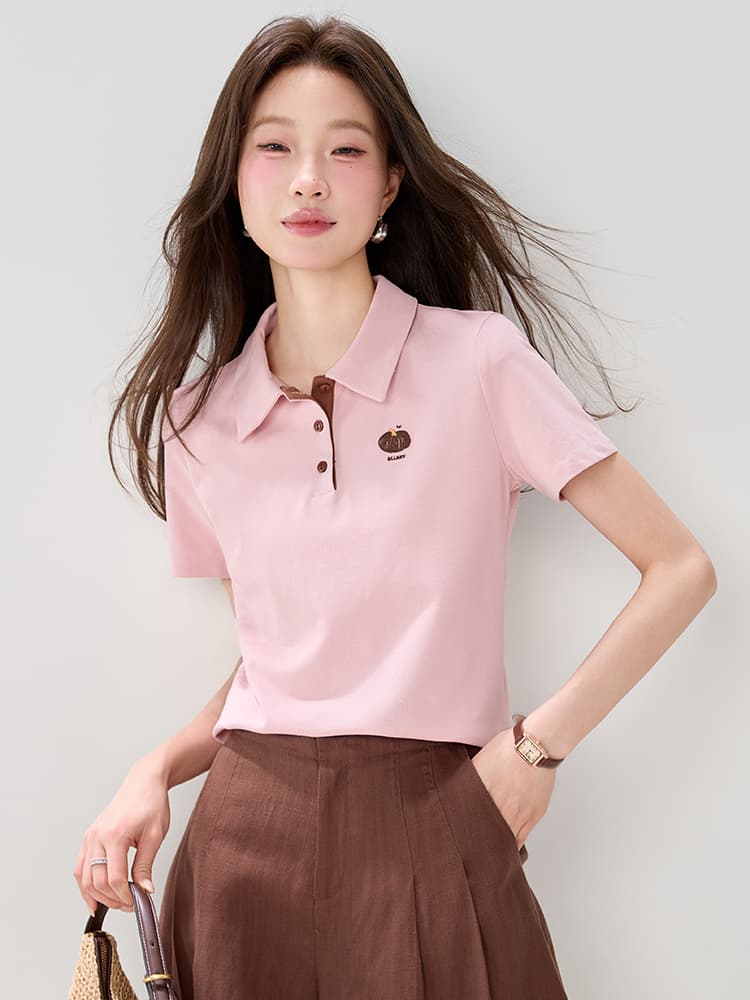 진짜 캐주얼 바람 POLO 칼라 반팔 여성 2026 여름 새로운 다용도 패션 자수 긍정적 인 어깨 T 맨위 이미지 4