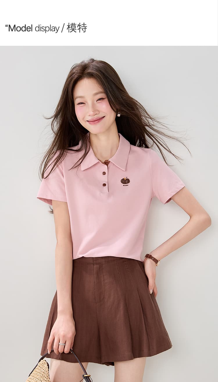 진짜 캐주얼 바람 POLO 칼라 반팔 여성 2026 여름 새로운 다용도 패션 자수 긍정적 인 어깨 T 맨위 상세 이미지 4