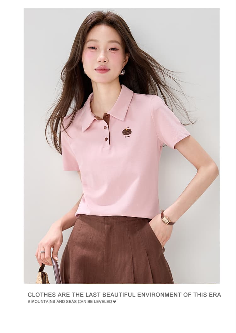 진짜 캐주얼 바람 POLO 칼라 반팔 여성 2026 여름 새로운 다용도 패션 자수 긍정적 인 어깨 T 맨위 상세 이미지 9