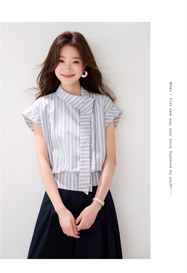 실사 9099 불규칙 심지어 어깨 소매 체크무늬 여성 셔츠 2026 여름 새로운 디자인 센스 리본 품격 맨위 상세 이미지 8