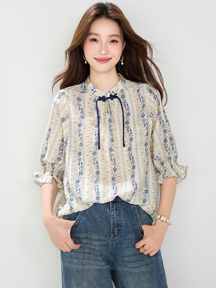 진짜 스탠드 칼라 반팔 여성 셔츠 2026 여름 새로운 풀오버 레트로 유럽 상품 꽃무늬 국풍 단추 맨위 작은 셔츠 이미지 2