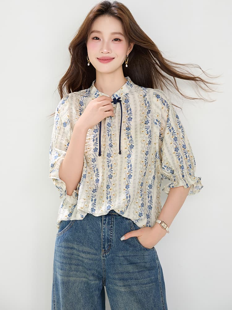 진짜 스탠드 칼라 반팔 여성 셔츠 2026 여름 새로운 풀오버 레트로 유럽 상품 꽃무늬 국풍 단추 맨위 작은 셔츠 이미지 4