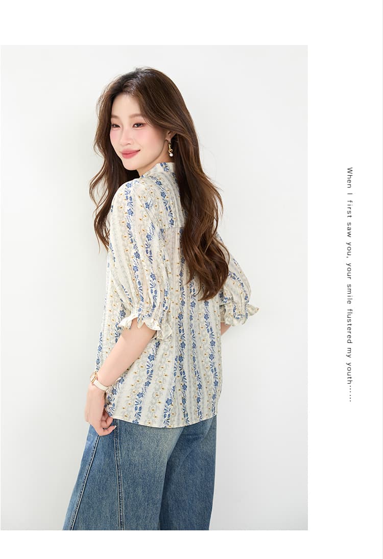 진짜 스탠드 칼라 반팔 여성 셔츠 2026 여름 새로운 풀오버 레트로 유럽 상품 꽃무늬 국풍 단추 맨위 작은 셔츠 상세 이미지 6
