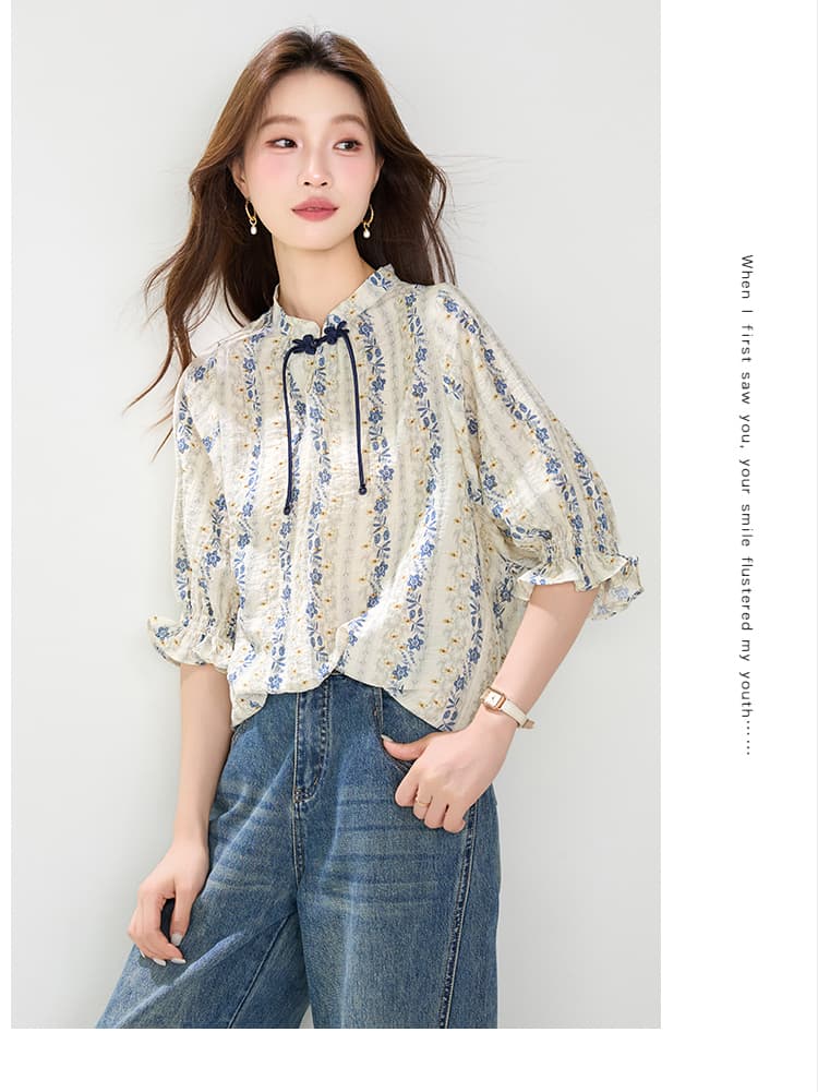 진짜 스탠드 칼라 반팔 여성 셔츠 2026 여름 새로운 풀오버 레트로 유럽 상품 꽃무늬 국풍 단추 맨위 작은 셔츠 상세 이미지 13
