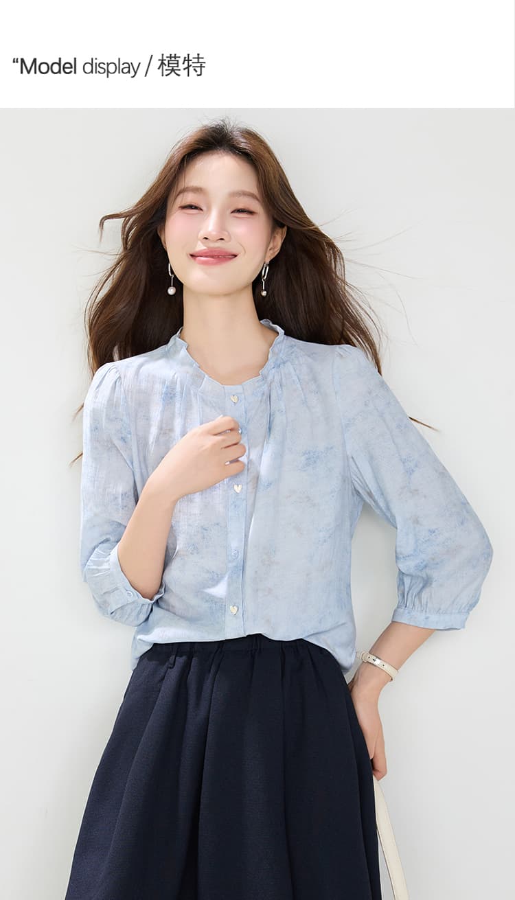 진짜 2026 여름 드레스 새로운 프랑스식 미니멀리즘 루즈핏 꽃밭 칼라 헤일로 염색 튀김 색상 프린트 셔츠 맨위 여성 상세 이미지 4