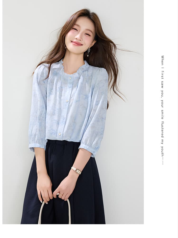 진짜 2026 여름 드레스 새로운 프랑스식 미니멀리즘 루즈핏 꽃밭 칼라 헤일로 염색 튀김 색상 프린트 셔츠 맨위 여성 상세 이미지 13