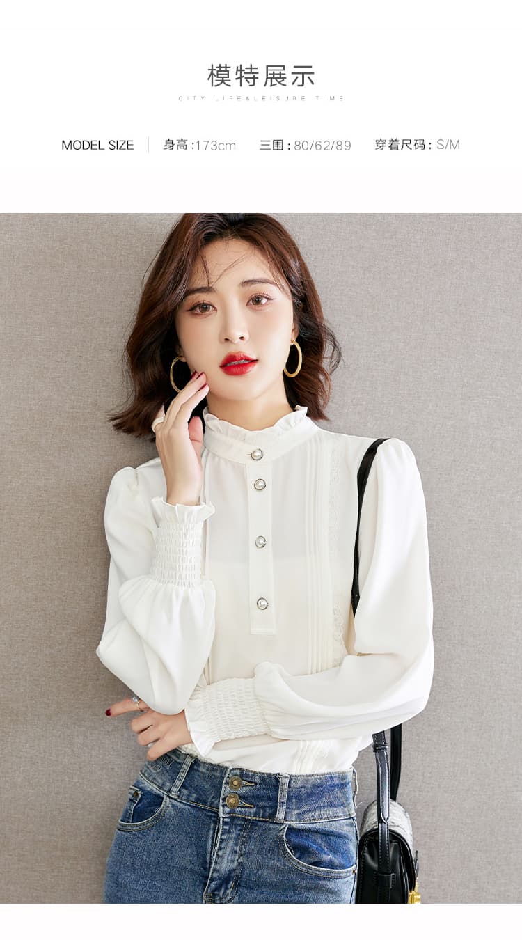 실사 2026 가을 새로운 스탠드 칼라 프릴 셔츠 연령 감소 루즈핏 풀오버 미니멀리즘 화이트 여성 셔츠 상세 이미지 5