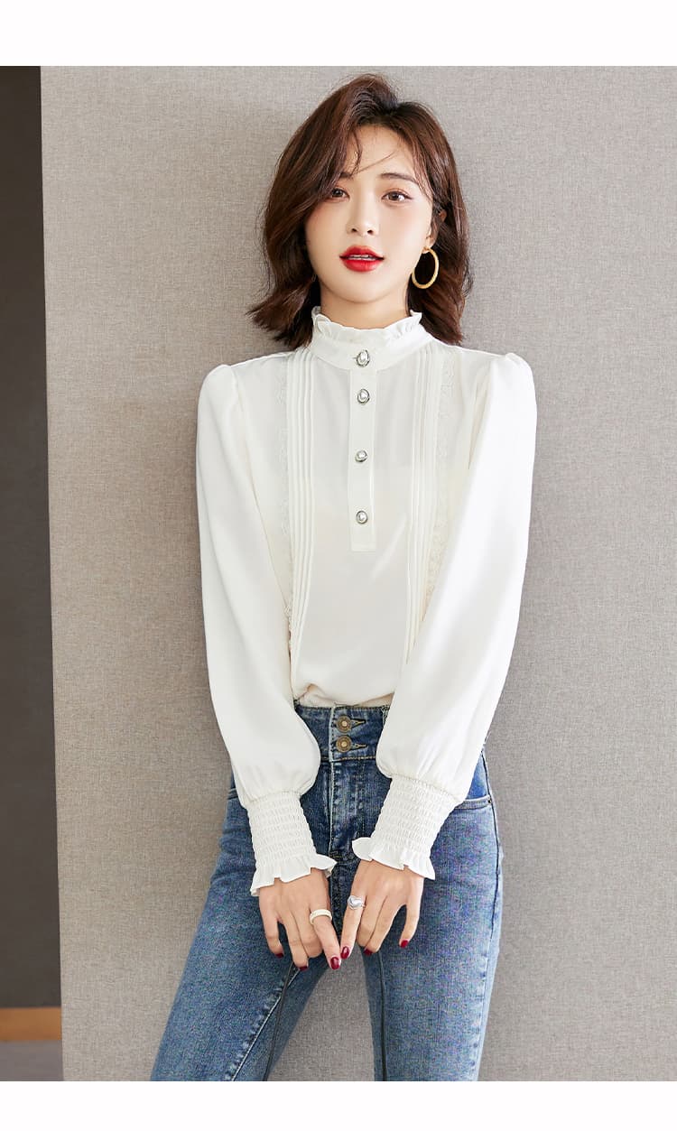 실사 2026 가을 새로운 스탠드 칼라 프릴 셔츠 연령 감소 루즈핏 풀오버 미니멀리즘 화이트 여성 셔츠 상세 이미지 7