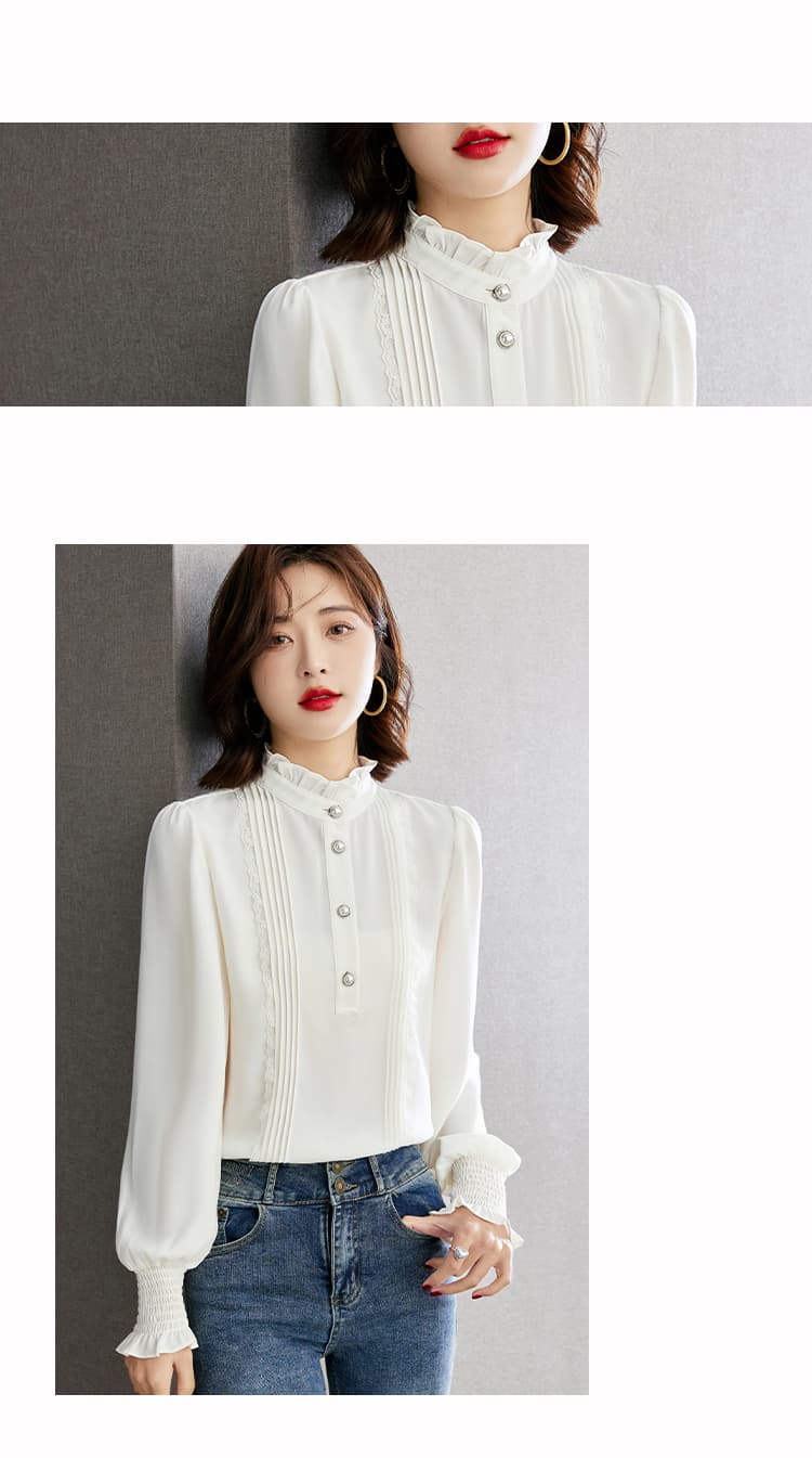 실사 2026 가을 새로운 스탠드 칼라 프릴 셔츠 연령 감소 루즈핏 풀오버 미니멀리즘 화이트 여성 셔츠 상세 이미지 9