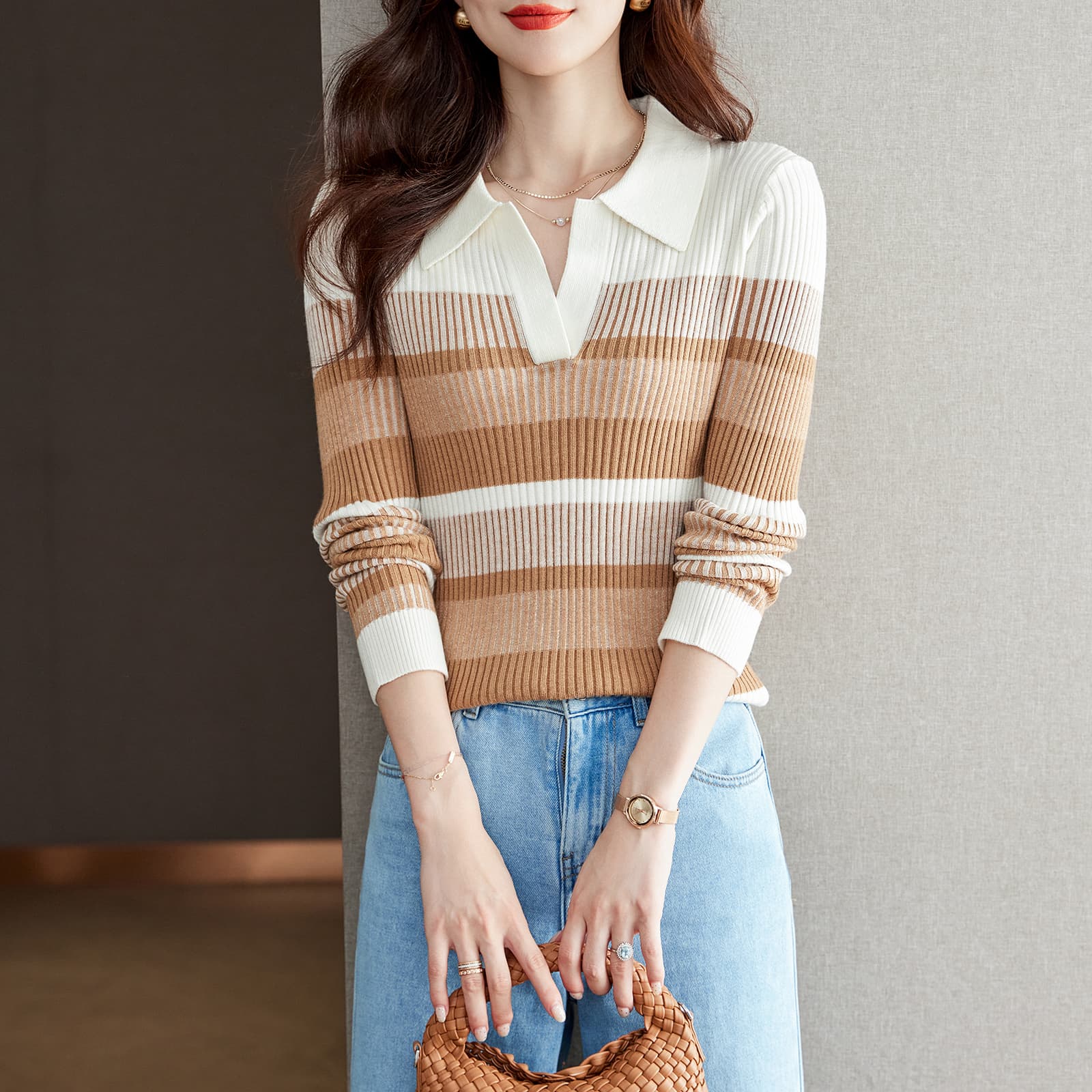 실사 프랑스식 스트라이프 니트 스웨터 여성 26 가을 겨울 새로운 외국 가스 연령 감소 인사이드 잡아라. 의류 긴팔 기본 셔츠 이미지 3
