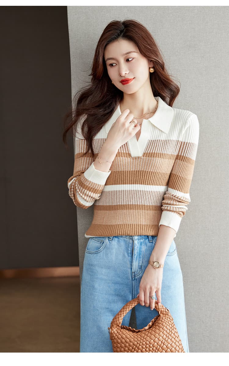 실사 프랑스식 스트라이프 니트 스웨터 여성 26 가을 겨울 새로운 외국 가스 연령 감소 인사이드 잡아라. 의류 긴팔 기본 셔츠 상세 이미지 12