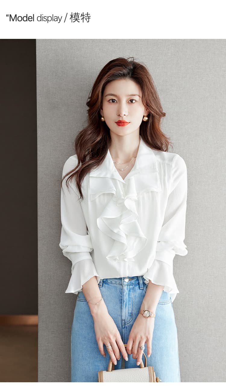 실사 화이트 프랑스식 프릴 셔츠 여성 긴팔 2026 가을 의상 새로운 쉬폰 디자인 센스 작은 셔츠 상세 이미지 6