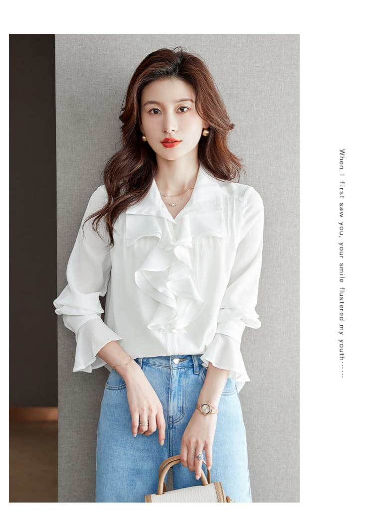 실사 화이트 프랑스식 프릴 셔츠 여성 긴팔 2026 가을 의상 새로운 쉬폰 디자인 센스 작은 셔츠 상세 이미지 8