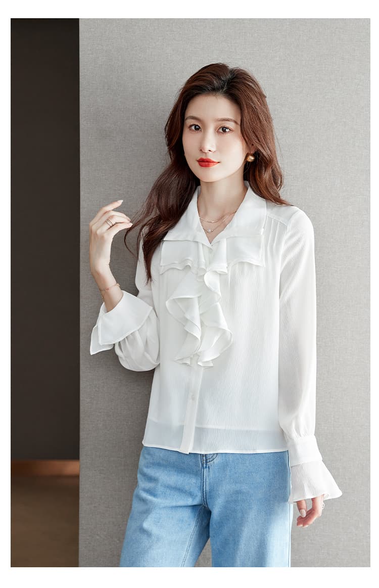 실사 화이트 프랑스식 프릴 셔츠 여성 긴팔 2026 가을 의상 새로운 쉬폰 디자인 센스 작은 셔츠 상세 이미지 9