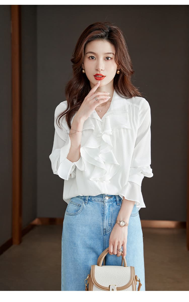 실사 화이트 프랑스식 프릴 셔츠 여성 긴팔 2026 가을 의상 새로운 쉬폰 디자인 센스 작은 셔츠 상세 이미지 12