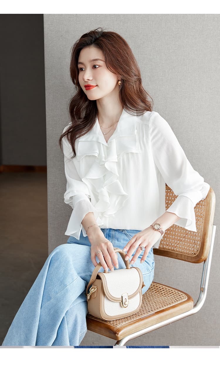 실사 화이트 프랑스식 프릴 셔츠 여성 긴팔 2026 가을 의상 새로운 쉬폰 디자인 센스 작은 셔츠 상세 이미지 14