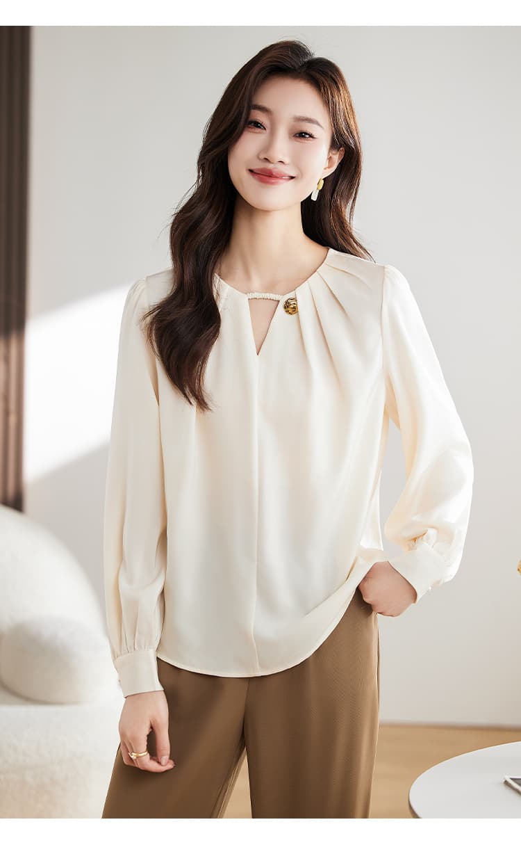실사 2026 가을 V넥 외국 가스 프랑스식 셔츠 벌룬 소매 쉬폰 셔츠 맨위 품격 다용도 여성 상세 이미지 15