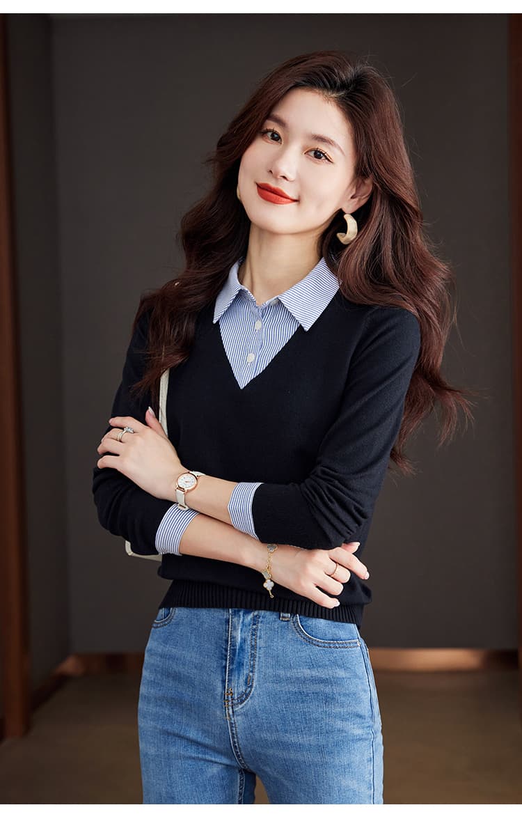 실사 984 페이크 레이어드 니트 스웨터 여성 2026 가을 디자인 센스 긴팔 스웨터 셔츠 칼라 만나는 맨위 상세 이미지 12