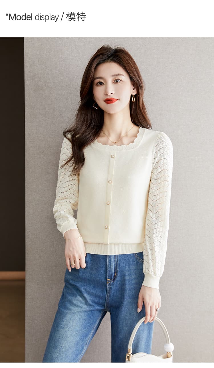 실사 104 프랑스식 홀로우 아웃 레이스 광장 칼라 풀오버 니트 패치워크 2026 가을 몸매 가꾸기 외국 가스 만나는 작은 셔츠 상세 이미지 7